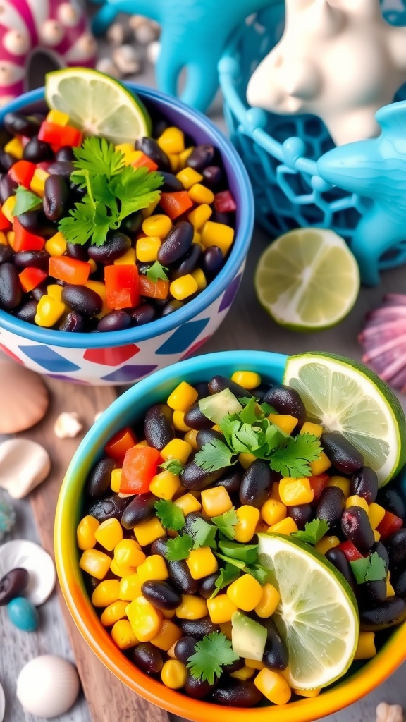 Colorful bowls of mermaid toe beans with beans, corn, and peppers on a beach-themed table.